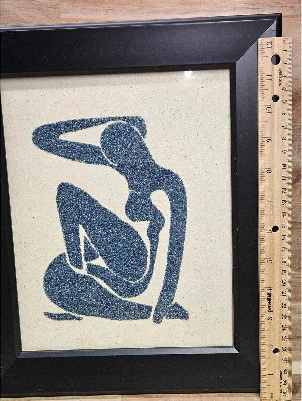 Vintage Framed Matisse Style Blue Seated Female Silhouette Textured Sand Art